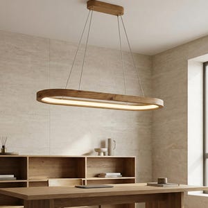 Lámpara colgante LED ovalada de madera hecha a mano: lámpara lineal de roble regulable y personalizada para isla de cocina, mesa de comedor y sala de estar.