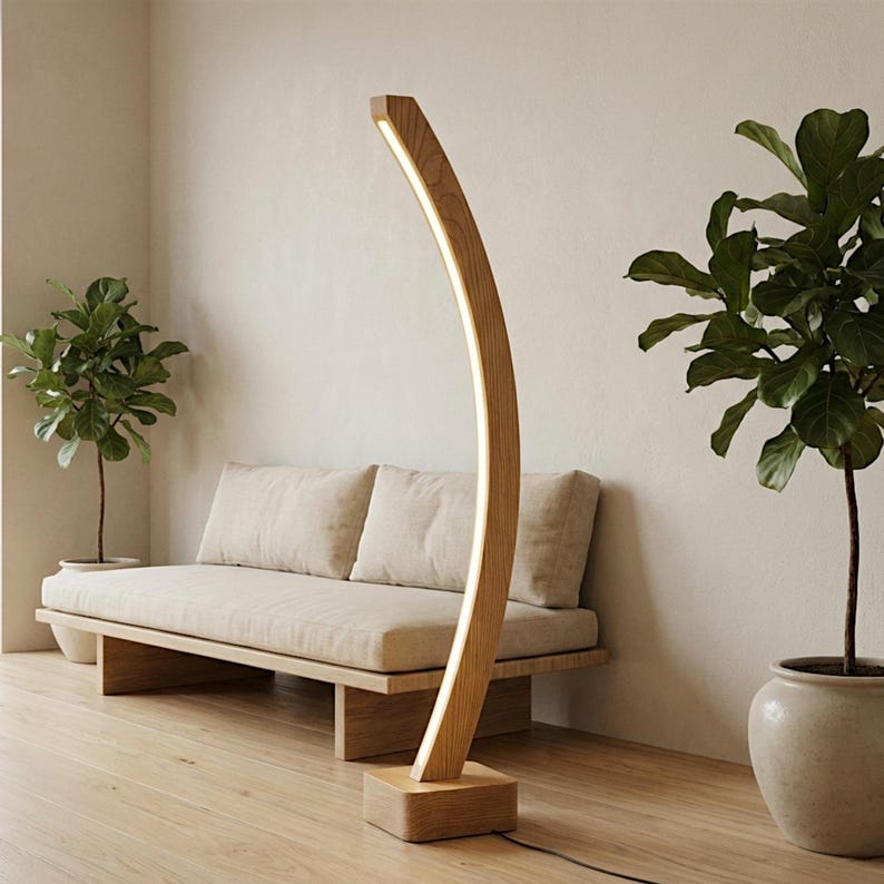 Handgemaakte gebogen houten vloerlamp - minimalistische moderne eiken staande lamp - aangepaste dimbare verticale vloerlamp voor woonkamer en slaapkamer afbeelding 3