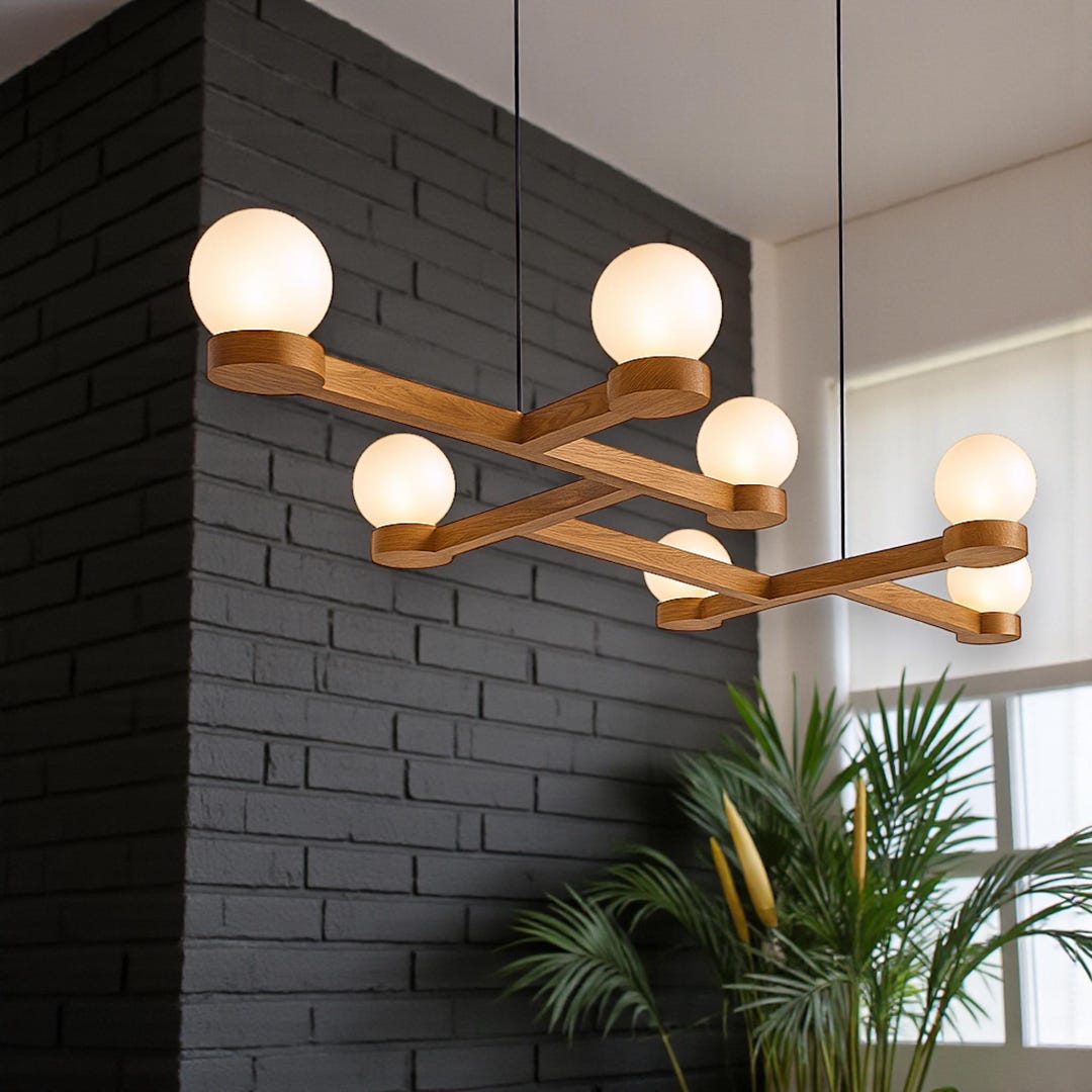 Wood Pendant Light With Frosted Glass - Home Decor Lighting - Ceiling ...