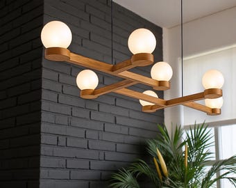 Wood Pendant Light with Frosted Glass - Home Decor Lighting - Ceiling Light - Light Fixture for Dining Room, Kitchen Island or Living Room