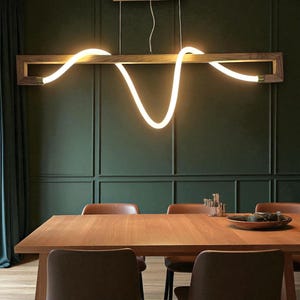 Modern Wood LED Pendant Light – Sculptural Wave Dining Table Chandelier | Handmade Wood Custom Ceiling Light - Wooden Home Decor Lighting
