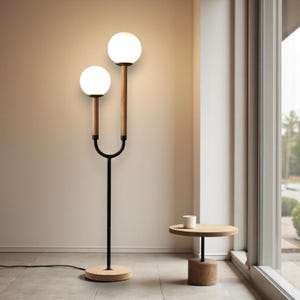 Double Globe Floor Lamp: Wood and Metal Modern Lighting