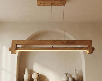 Lámpara colgante lineal de madera hecha a mano - Lámpara LED de roble regulable personalizada para isla de cocina, mesa de comedor y sala de estar