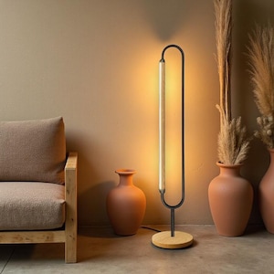 Handmade Oak & Metal LED Floor Lamp: Dimmable Modern Lighting