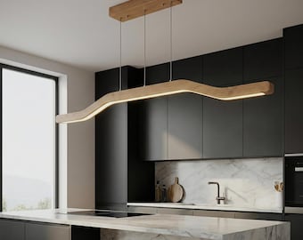 Handmade Dimmable LED Oak Pendant Light - Modern Linear Chandelier