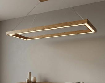 Handmade LED Oak Wood Pendant Light – Modern Linear Chandelier