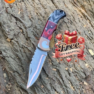 Handcrafted Copper Damascus Pocket Knife With Elegant Pakka Wood Handle Unique Gift Idea