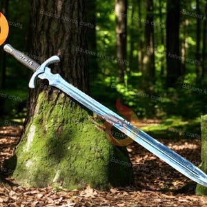 May include: A silver sword with a black handle and the word "Truth" inscribed on the blade. The sword is resting on a tree trunk in a forest setting.