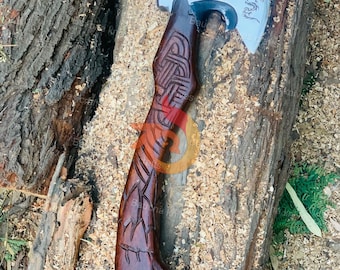 Ascia Tomahawk in acciaio al carbonio fatta a mano: manico intagliato a forma di lupo Fenrir