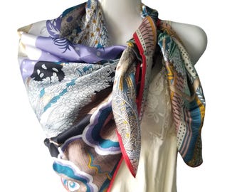 Mulberry Silk Scarf 90x90cm - Luxurious Tropical and Lunar Pattern Scarf - Women&#39;s Fashion Accessory (square 90X90cm)