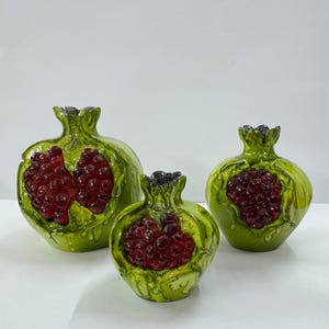 3 Size Handmade Ceramic Pomegranate Set - Green Decorative Pomegranate for Home Decor