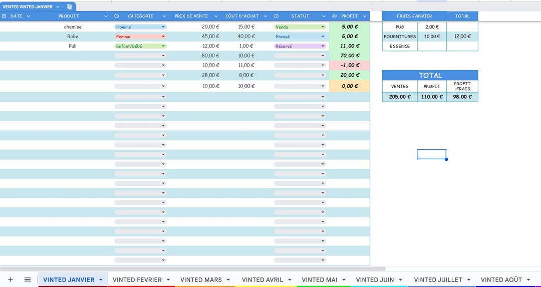 Vinted Tracking VINTED SALES Tracking Table - Google Sheets - Etsy