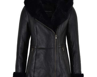 Chaqueta de piel de oveja negra para mujer con capucha / Abrigo de invierno de piel de oveja auténtica