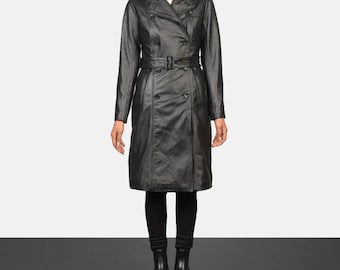 Women's Black Lambskin Leather Trench Coat – Full-Length, Double-Breasted, Belted