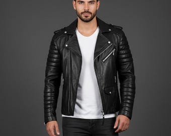 Black Full Grain Lambskin Leather Biker Jacket: Padded Biker Diamond Quilted