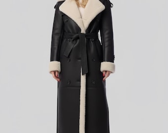 Women's Black Leather Double Breasted Fur Lined Coat - Winter Coat For Women