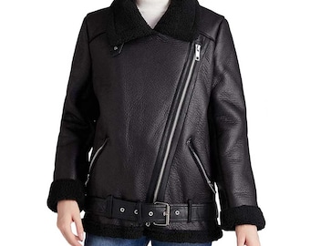 May include: Black faux leather jacket with a shearling collar and lining. Features an asymmetrical zipper closure, a belted waist, and shearling trim on the cuffs. A stylish outerwear piece.