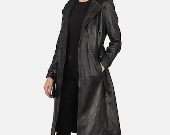 Hand Crafted Women's Black Leather Hooded Trench Coat - Urban Voyager