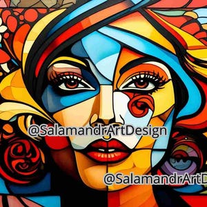 Puede incluir: Retrato abstracto de una mujer con un diseño geométrico colorido. El rostro de la mujer está formado por diferentes formas y colores, incluyendo azul, amarillo, rojo y verde. El fondo también es abstracto y colorido. El texto "@SalamandrArtDesign" aparece dos veces en la imagen.