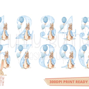 May include: Ten watercolor illustrations of blue numbers with a bunny holding balloons. The numbers are 1 through 10 and the bunny is wearing a blue jacket.
