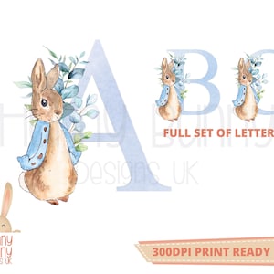 Blue Peter Rabbit Alphabet Clipart Imagens Individuais Transparentes PNG Chá de Bebê Batizado Aniversário Download Instantâneo UvDtf Dtg Sublimação