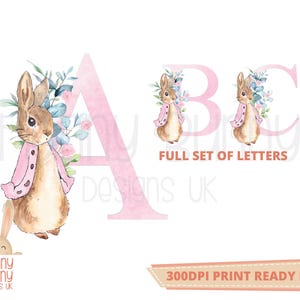 May include: Pink watercolor letters A, B, and C with a cute bunny rabbit illustration in front of each letter. The letters are decorated with pink and blue flowers. The text "FULL SET OF LETTERS" is below the letters. The text "300DPI PRINT READY PNG" is at the bottom of the image.