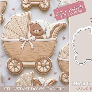 May include: A light brown cookie shaped like a baby carriage with a teddy bear inside. The carriage has wheels and a canopy. The cookie is decorated with white icing and a bow. The image also shows a cookie cutter and text that says "BEAR CARRIAGE COOKIE CUTTER".