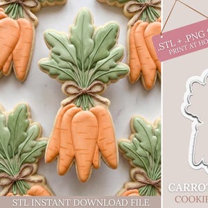 May include: Decorated carrot-shaped cookies with green leafy tops tied with brown twine. The cookies are orange and green, arranged on a white surface. The image also shows a cookie cutter and text that says "CARROT BUNCH COOKIE CUTTER".