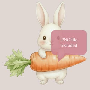 May include: A watercolor illustration of a white bunny holding a large orange carrot with green leaves. The bunny has pink cheeks and long ears. A pink speech bubble with the text ".PNG file included" is in the image.