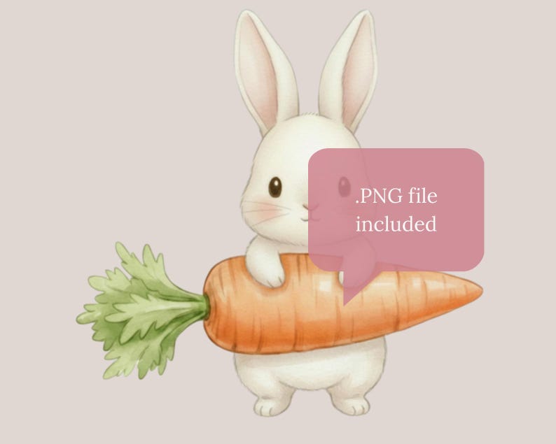 May include: A watercolor illustration of a white bunny holding a large orange carrot with green leaves. The bunny has pink cheeks and long ears. A pink speech bubble with the text ".PNG file included" is in the image.