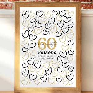 Affiche 60 coeurs à remplir, carte géante à messages anniversaire 60 ans, cadeau 60 ans, décoration fête anniversaire