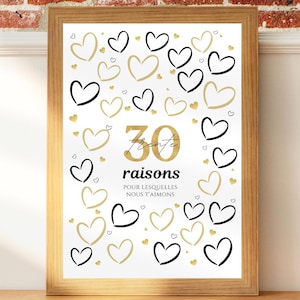 Affiche anniversaire "30 raisons pour lesquelles on t'adore", cadeau 30 ans, carte message anniversaire, décoration fête anniversaire 30 ans