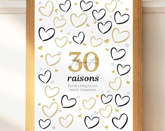Affiche anniversaire "30 raisons pour lesquelles on t'adore", cadeau 30 ans, carte message anniversaire, décoration fête anniversaire 30 ans