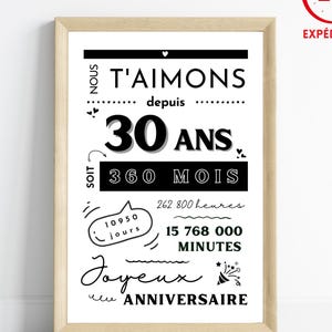 Affiche anniversaire 30 ans - Carte 30ème anniversaire  en minutes, heures, jours - carte anniversaire -  décoration anniversaire