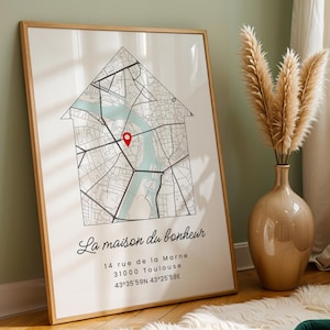 Affiche maison avec carte de ville personnalisée - Cadeau de pendaison de crémaillère - Poster carte de ville & Cadeau famille personnalisée