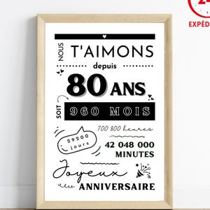Affiche anniversaire 80 ans - Carte 80ème anniversaire  en minutes, heures, jours - carte anniversaire -  décoration anniversaire
