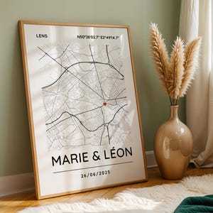Affiche carte pour couple personnalisée avec lieu de rencontre & date - Poster carte de ville personnalisée