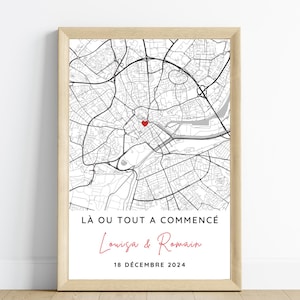 Affiche carte pour couple personnalisée avec lieu de rencontre - Poster carte de ville personnalisée