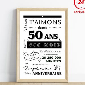 Affiche anniversaire 50 ans - Carte 50ème anniversaire  en minutes, heures, jours - carte anniversaire -  décoration anniversaire