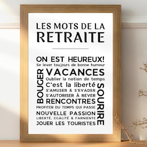 Affiche Départ en Retraite  - Poster Les Mots de la Retraite - Cadeau Original pour Retraité - Décoration Départ en Retraite