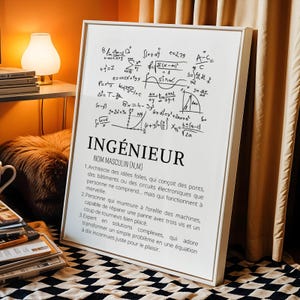 Affiche définition métier ingénieur avec illustration équation et définition drole
