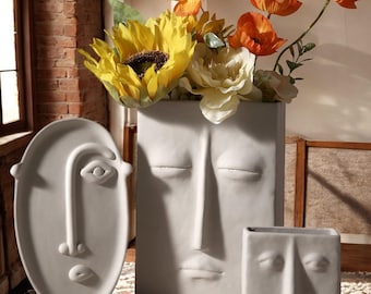Minimalist Face Wall Art & Ceramic Vases - Abstract Home Decor - Nordic Style Handmade Sculptures