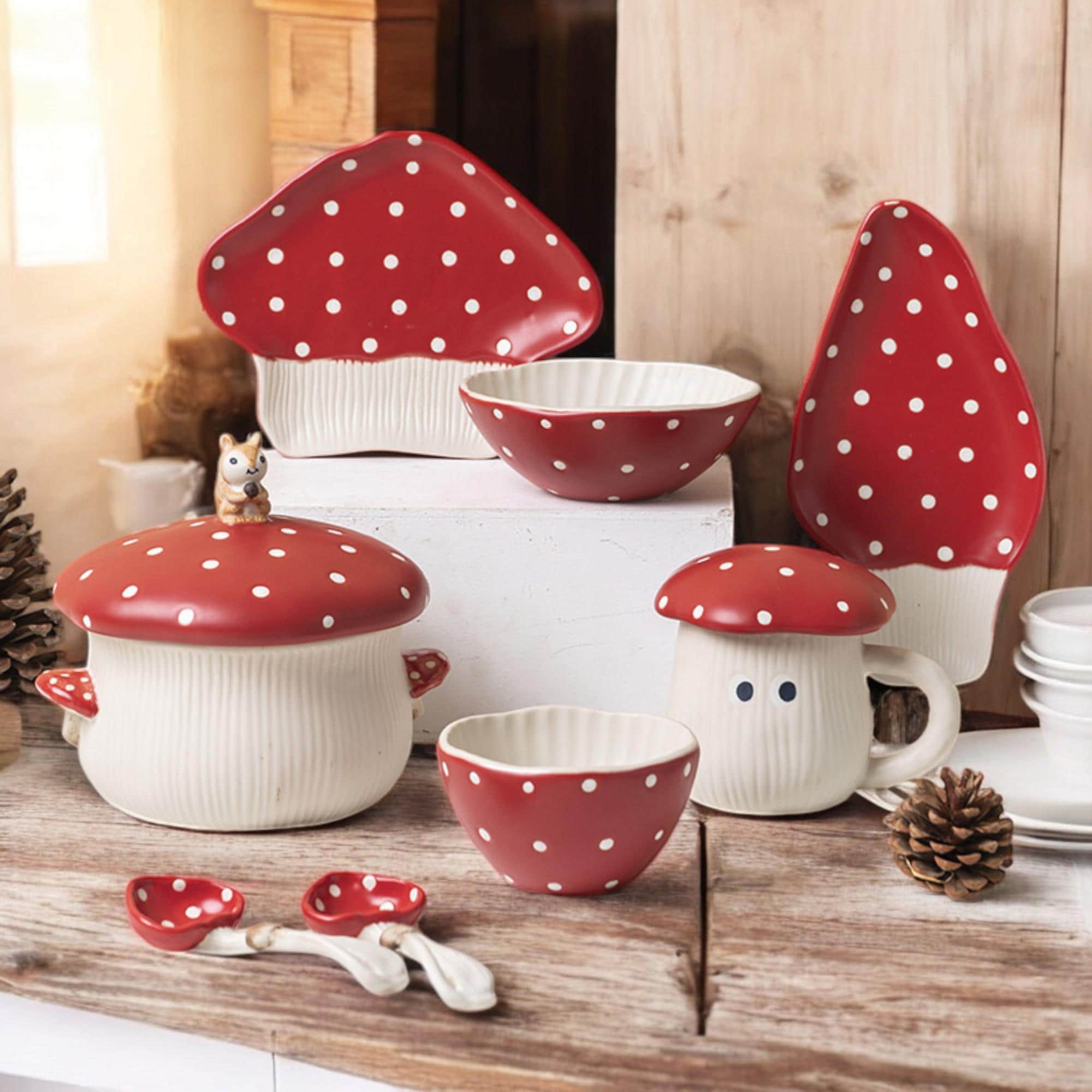 Handmade Mushroom Ceramic Dinnerware Set – 7 Pieces | Whimsical Cottagecore Dishware | Cute Toadstool Mug, Plates & Bowls