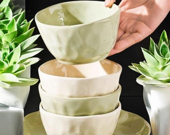Handmade Ceramic Bowl Set – Rustic Design in Green and Cream Shades