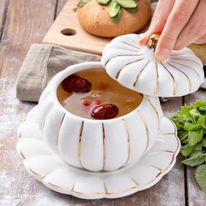 Handmade Ceramic Pumpkin Bowl Set – Soup Cups, Small Plate, and Serving Ladle in Unique Design, Perfect for Festive Serving and Gifting