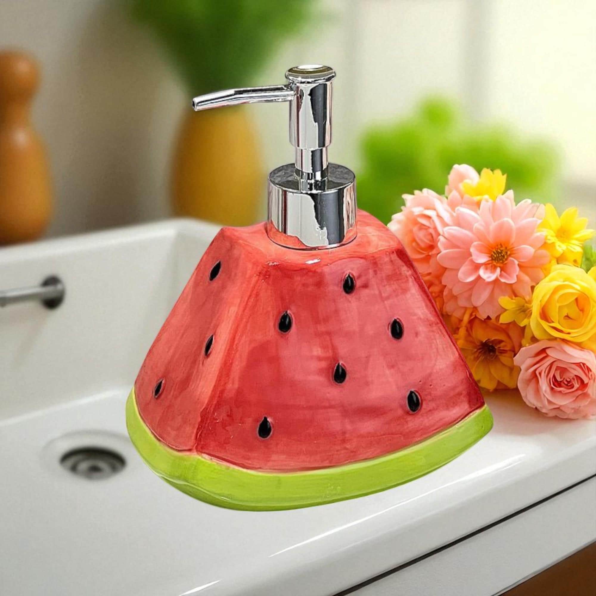 Handmade Ceramic Soap Dispenser – Watermelon Design | Colorful Fruit Sink Decor | Fun Nordic Style Bathroom or Kitchen Accessory