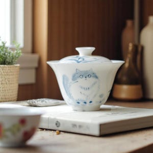 and-Painted Porcelain Gaiwan with Blue Cat Illustration – Whimsical Tea Cup with Lid – Traditional Chinese Tea Ceremony Gift