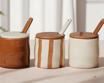 Vintage Handmade Ceramic Set – 3 Spice Jars with Lids and Spoons, Warm Retro Kitchen Decor, Storage Set for Sugar, Coffee, and Tea