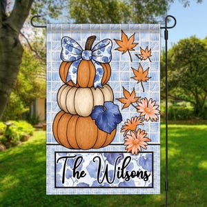 Bandeira de jardim de abóbora personalizada, decoração de jardim de outono com nome personalizado, decoração de varanda de Halloween ao ar livre, temporada de Ação de Graças no outono