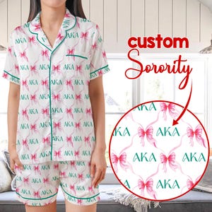 Custom Sorority Satin PJs, Coquette Bow Big Little Gift, Personalized Sorority Letters Pajamas Short Set for Sister, Sorority Short PJs Set